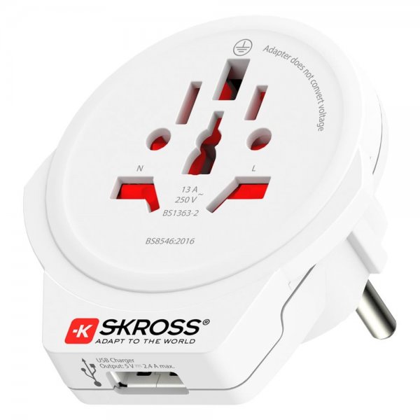 SKROSS Reisestecker "World to Europe USB" Weiß für 2- und 3-polige Geräte an Eurostecker