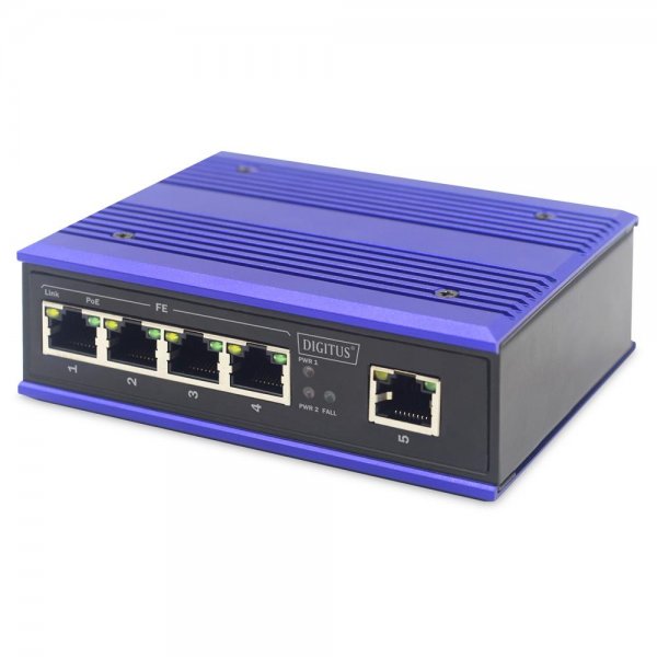DIGITUS Industrial 4-Port Fast Ethernet PoE Switch Unmanaged 1 Uplink-Port DIN rail