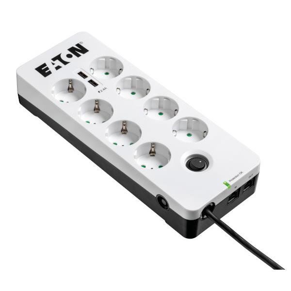 Eaton PB8TUD Spannungsschutz 8x AC 2x RJ-11-Ports 2x USB 220-250 V LED Schalter Schwarz/Weiß