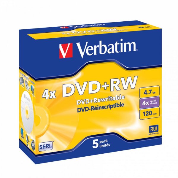 5x Verbatim DVD+RW Rohlinge 4,7GB 4x Speed Jewel Case 120 Minuten mattsilber