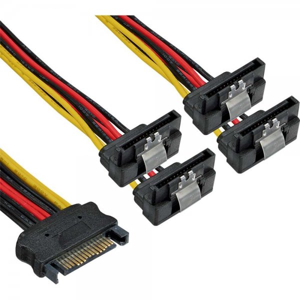 InLine SATA Strom-Y-Kabel SATA Buchse an 4x SATA Stecker gewinkelt mit Sicherheitslaschen 0,15m