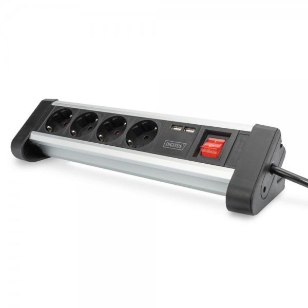 DIGITUS 4-fach Office Steckdosenleiste mit 2x USB Anschlüssen Alu Schalter Kindersicherung