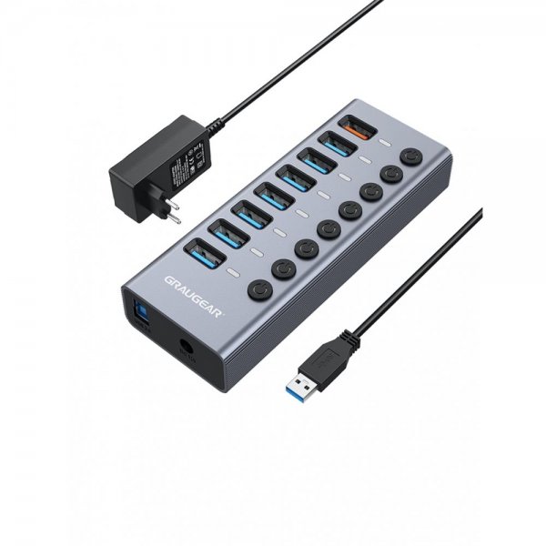 GRAUGEAR USB HUB 7x USB-A 3.0 Ports + 1 USB Schnelllader Ein/Aus Schalter Netzteil Aluminium aktiv