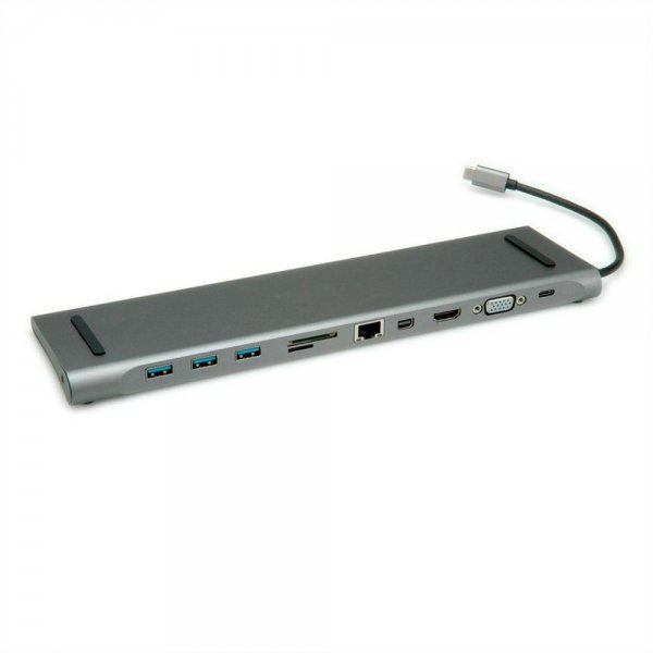 ROLINE USB 3.2 Gen 2 Typ C Multiport Dockingstation 4K HDMI/Mini DP VGA USB Card Reader PD LAN Audio