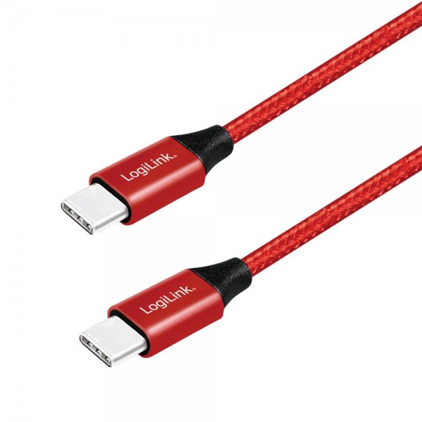 LogiLink CU0155 USB 2.0 Type-C Kabel, C/M zu USB-C/M, Metall, Stoff, rot, 0,3 m
