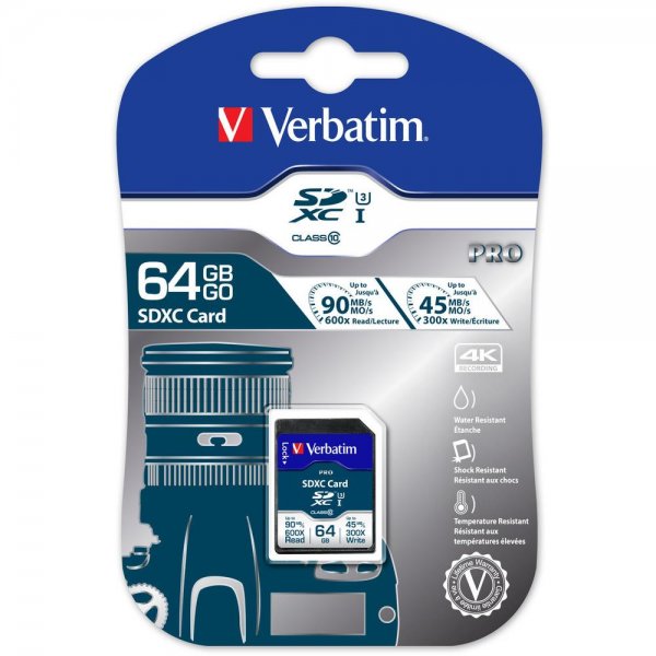 Verbatim SDXC Speicherkarte Pro U3 64GB Class10 45 MB/s Schreiben 90 MB/s Lesen