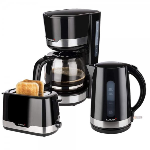 KORONA Frühstücksset Küchenset Kaffeemaschine + 2-Scheiben-Toaster + Wasserkocher Schwarz/Edelstahl