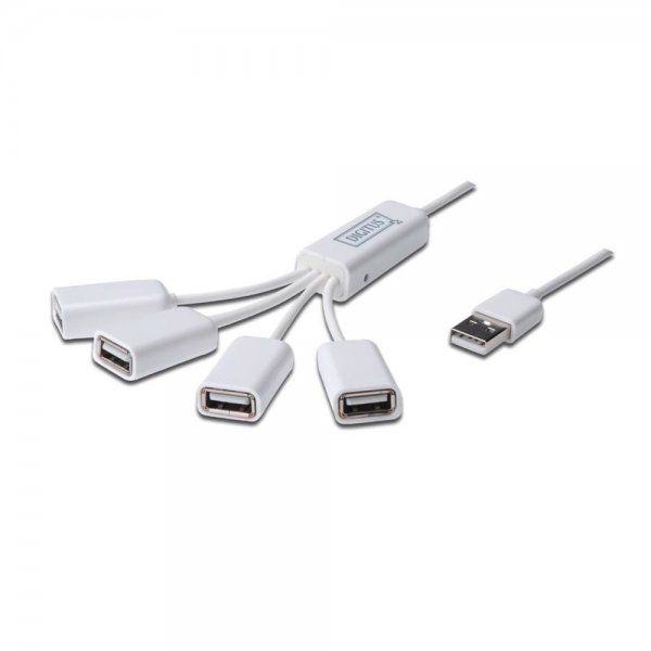 DIGITUS Slim Spider Kabel USB-Hub 4 Ports USB2.0 480Mbps 1m Weiß DC Buchse Verteiler