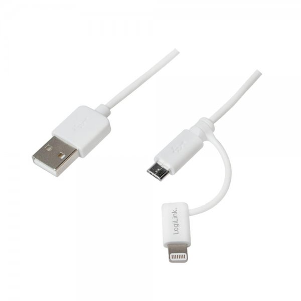 LogiLink USB 2.0-Kabel, USB-A/M zu Micro-USB + Lightning/M, weiß, 1 m