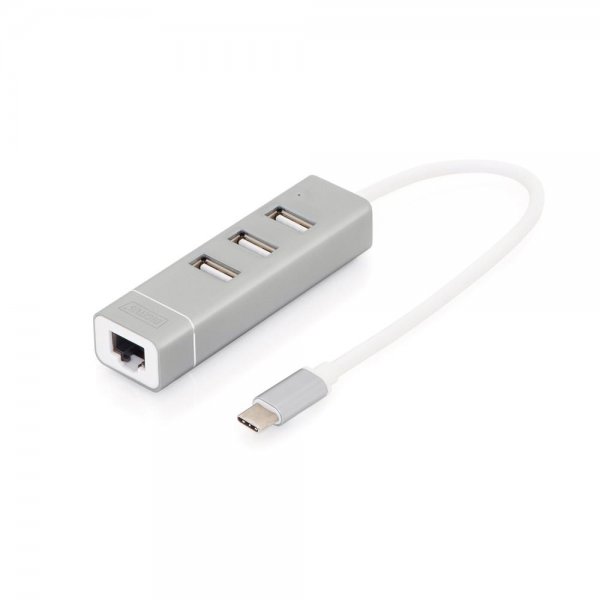 DIGITUS USB Type-C 3-Port Hub + Fast Ethernet LAN-Adapter USB A/F RJ45 Chipset: FE1.1S/RTL8152B